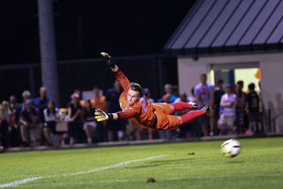 Hendrik Hilpert lays out to try to stop the ball, but it went into the net for UofL's first goal. 